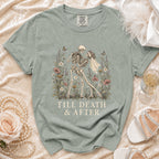 Skeleton couple dancing amongst flowers with text "Till Death & After" on shirt.