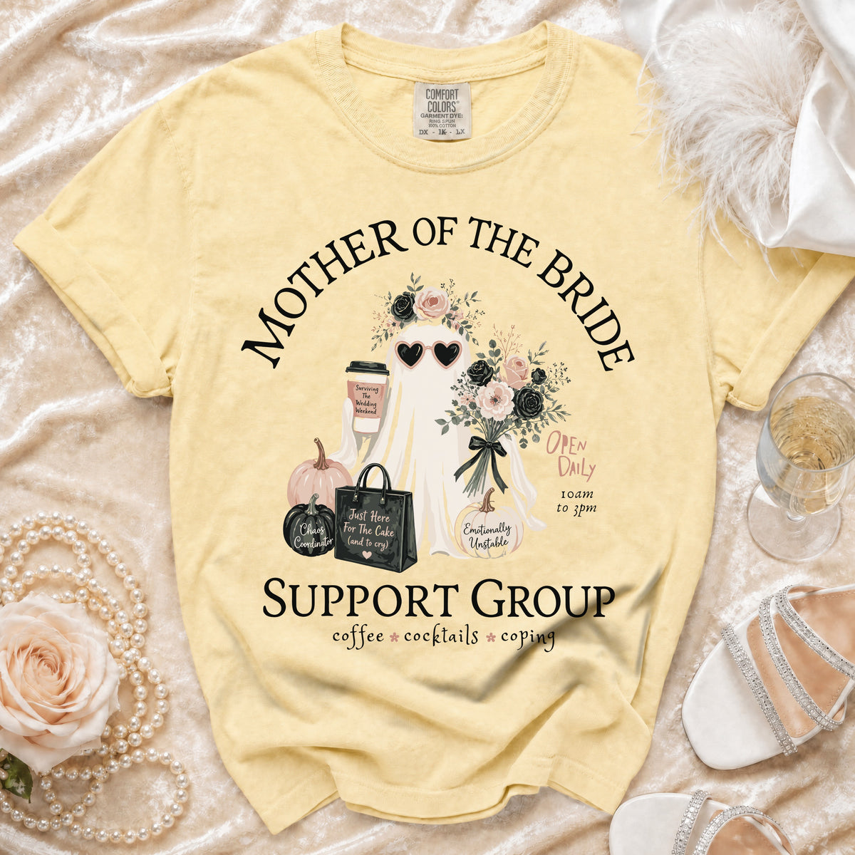 Yellow t-shirt with "Mother of the Bride Support Group" graphic and ghost.