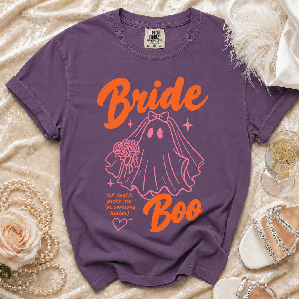 Purple t-shirt with "Bride Boo" text and a ghost bride graphic.