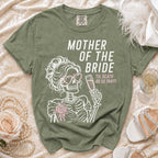 Olive green t-shirt with "Mother of the Bride Til Death Do Us Party" graphic.