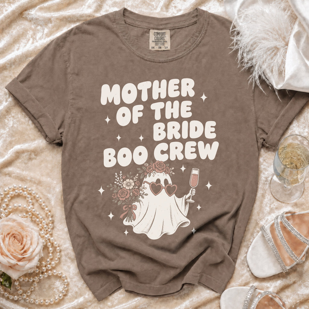 T-shirt with "Mother of the Bride Boo Crew" text and a ghost graphic.