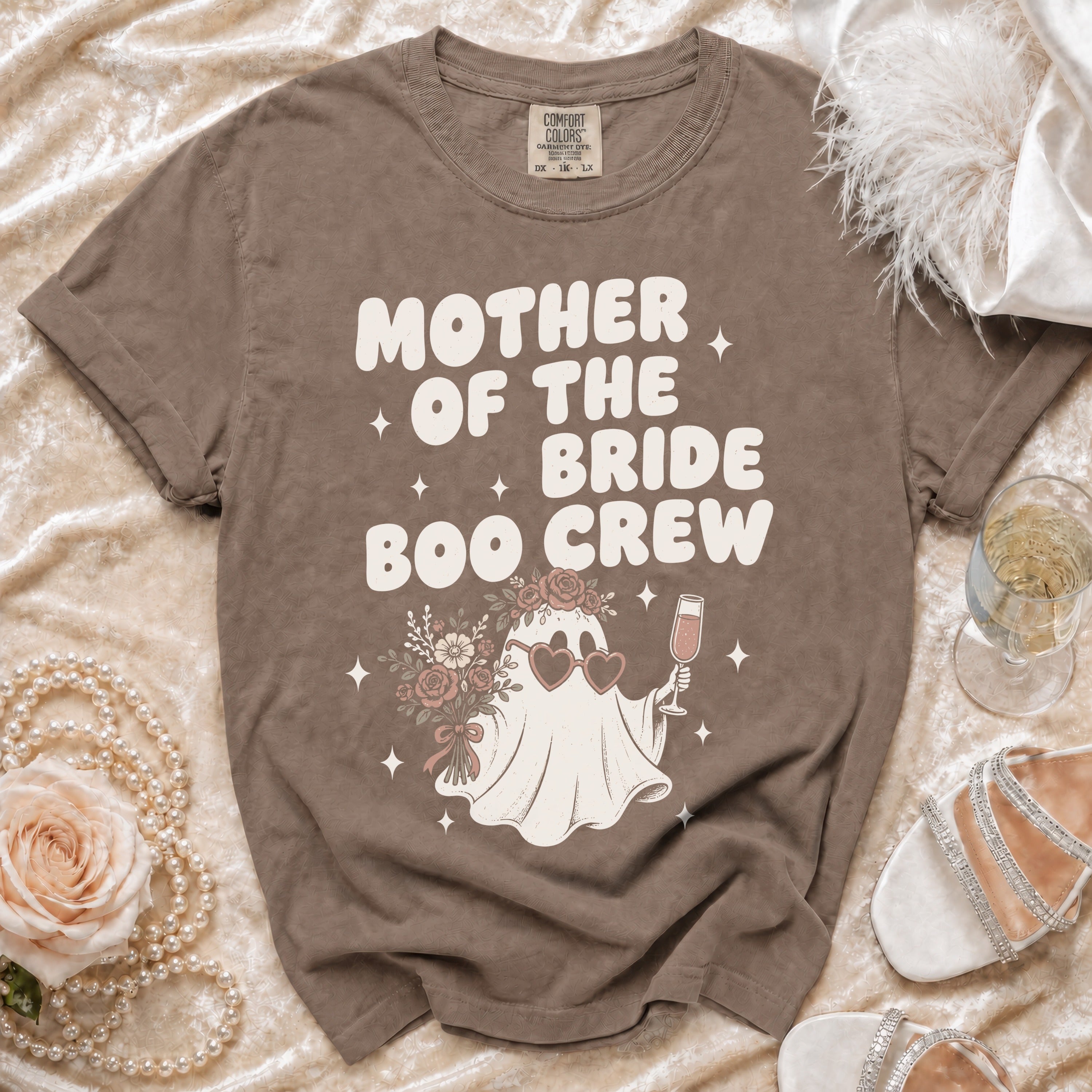T-shirt with "Mother of the Bride Boo Crew" text and a ghost graphic.