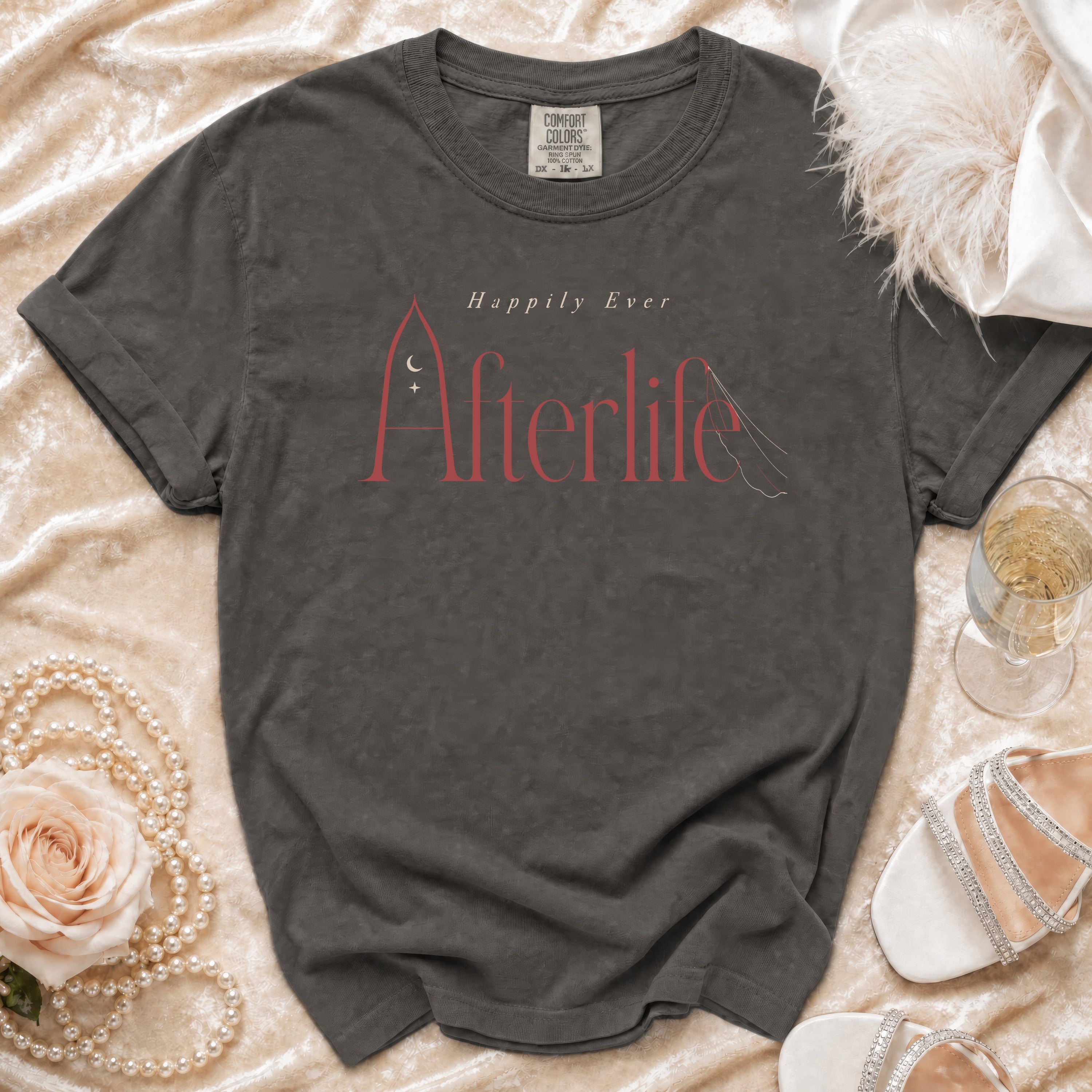 Gray Comfort Colors t-shirt with "Happily Ever Afterlife" text and graphic.