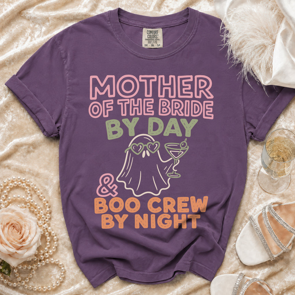 Purple t-shirt with "Mother of the Bride By Day & Boo Crew By Night" text and ghost graphic.