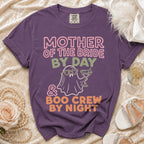 Purple t-shirt with "Mother of the Bride By Day & Boo Crew By Night" text and ghost graphic.