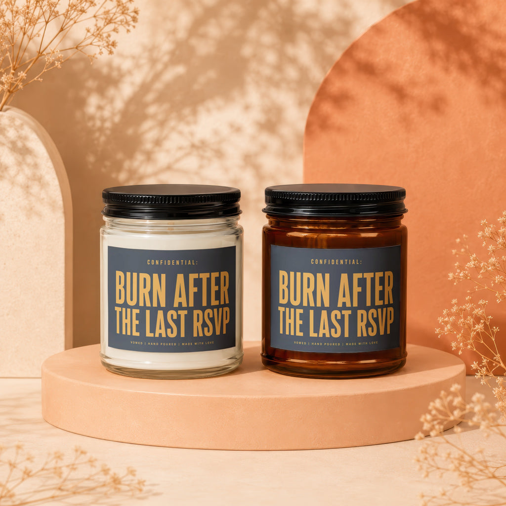 Two candles labeled "Burn After The Last RSVP" sit on display pedestals.