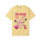 Yellow t-shirt with "Last Splash Sarah's Bach" text, champagne, butterflies, and heart.