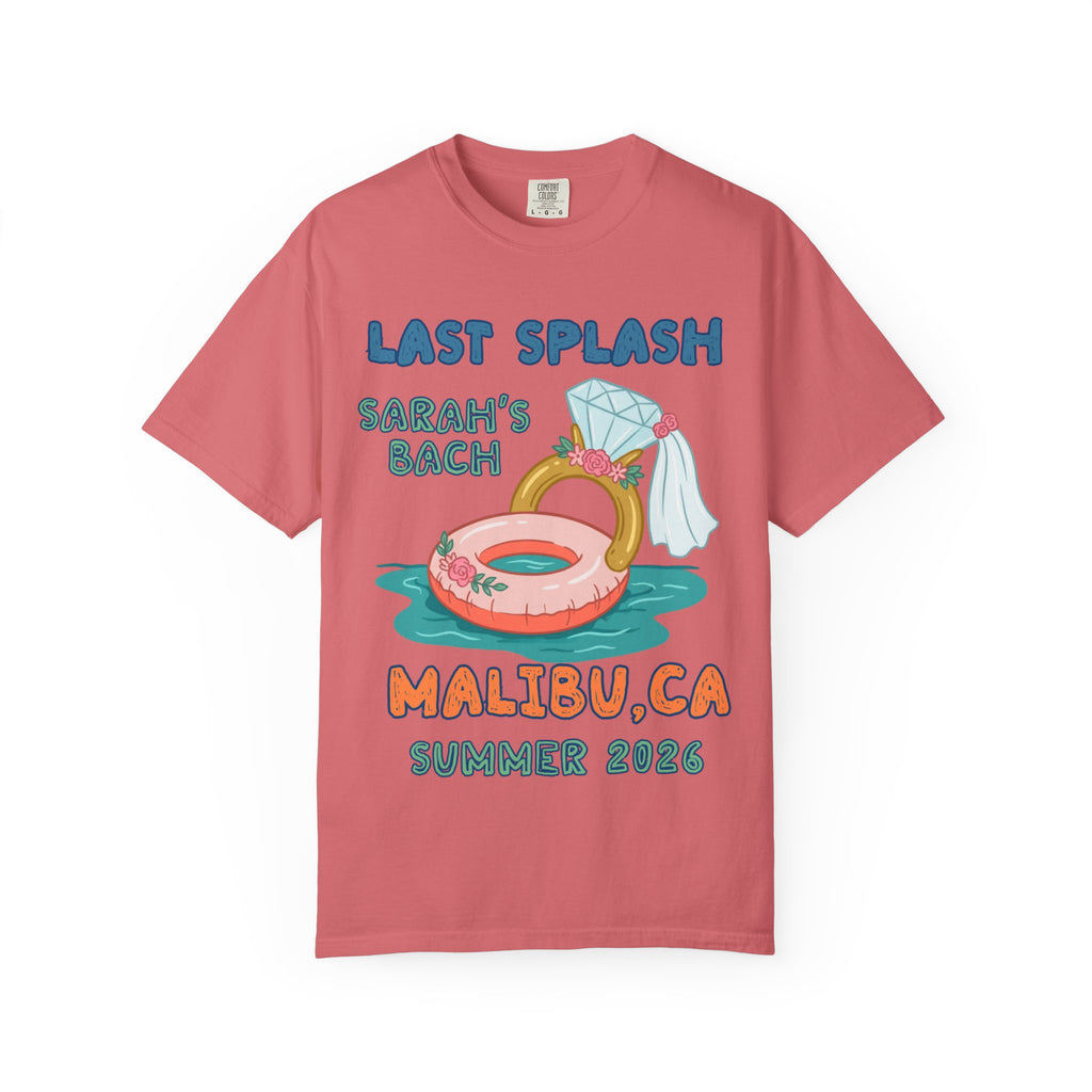 Pink t-shirt with "Last Splash Sarah's Bach Malibu 2026" text and a float.