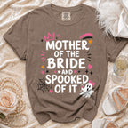 Brown t-shirt with "Mother of the Bride and Spooked of It" text and ghost graphic.