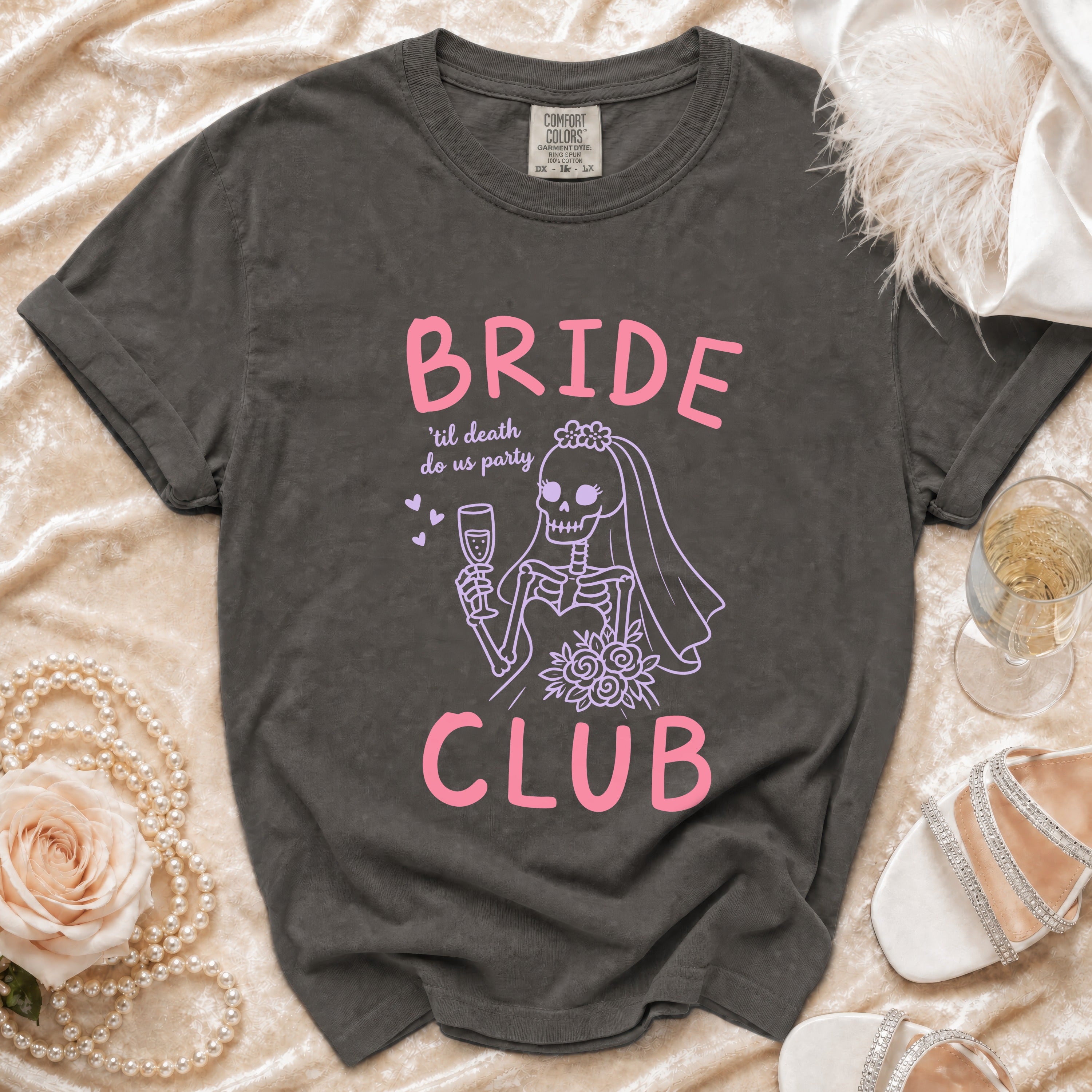 Bride Club shirt with skeleton bride graphic and text 'til death do us party.