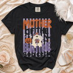 A black t-shirt featuring a Halloween ghost bride graphic with text reading Mother of the Bride Boo Crew.