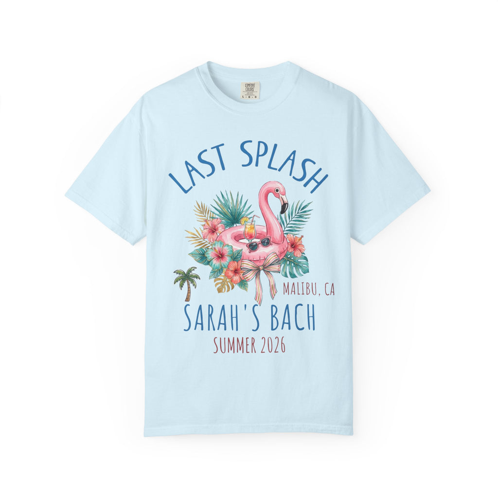 Light blue t-shirt with "Last Splash" and flamingo graphic.