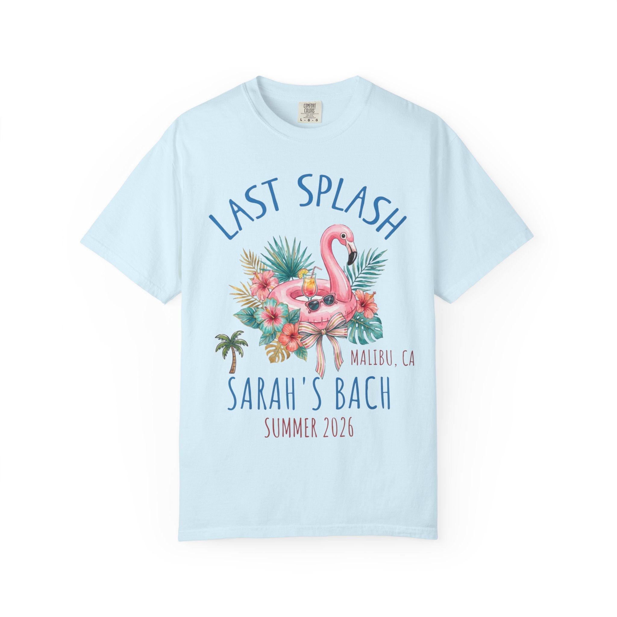 Light blue t-shirt with "Last Splash" and flamingo graphic.