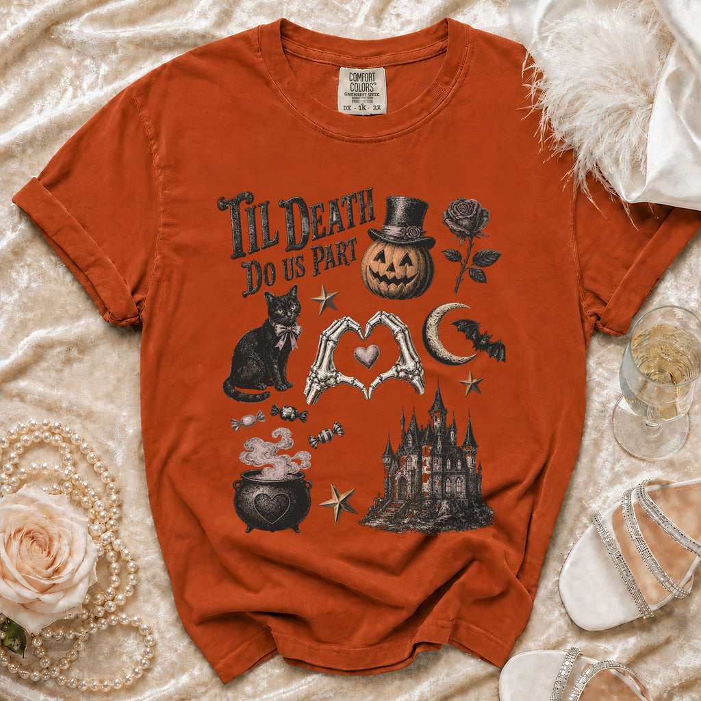 Orange t-shirt with "Til Death Do Us Part" text and Halloween graphics.