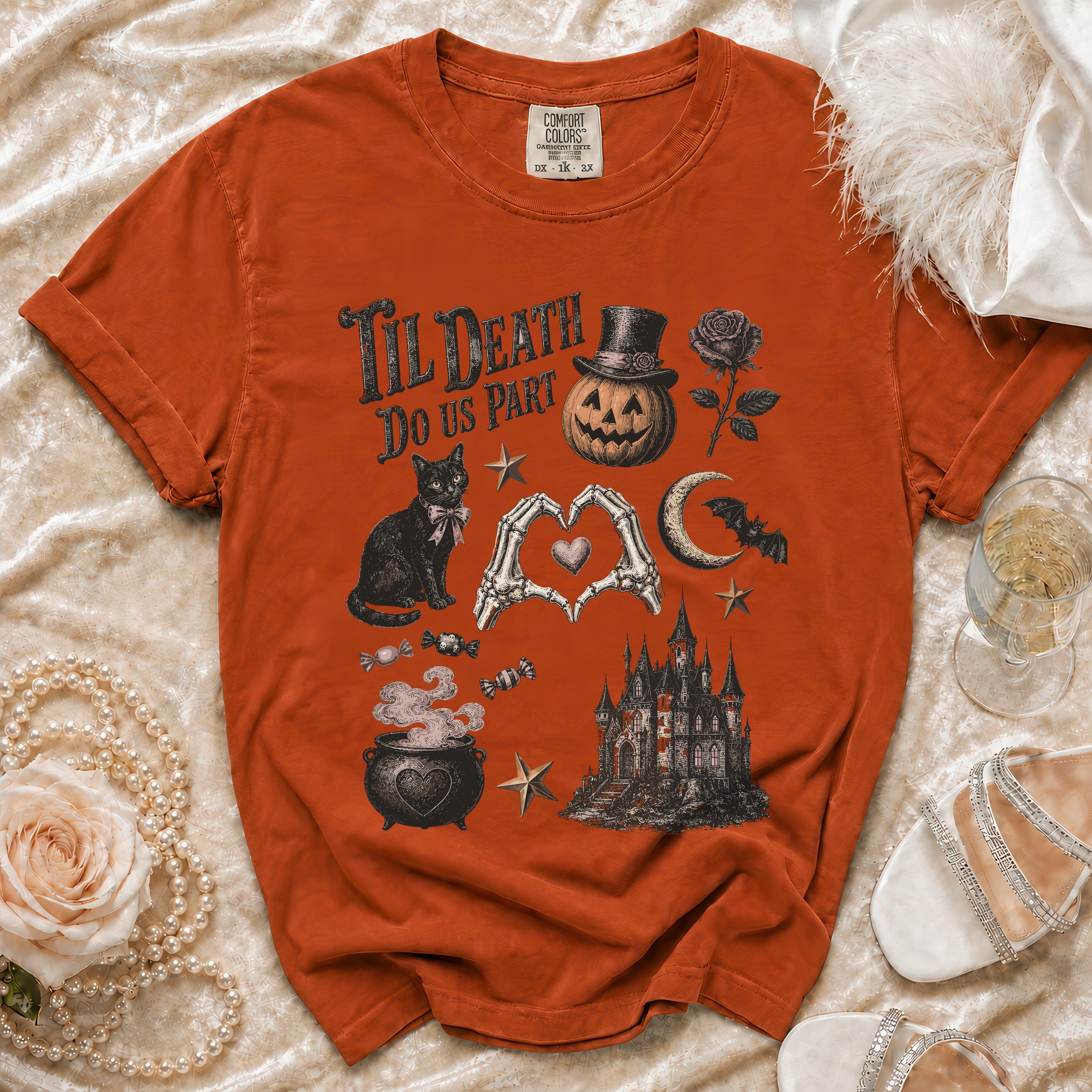 Orange t-shirt with "Til Death Do Us Part" text and Halloween graphics.
