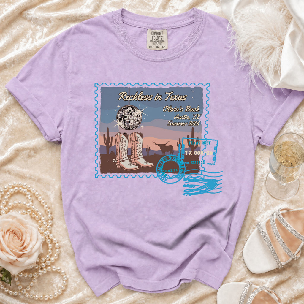 T-shirt with Texas postcard design, featuring boots, disco ball, and text.