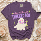 Purple t-shirt with "mother of the bride TRICKED TOO" and a ghost design.