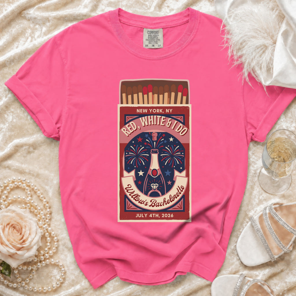 Pink t-shirt with Red, White & I Do bachelorette graphic.