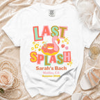 White t-shirt with "Last Splash Sarah's Bach Malibu 2026" text and flamingo float.