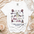 White bachelorette t-shirt with "Red, White & I Do Willow's Bachelorette" and July 4th theme.