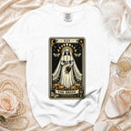 White t-shirt with "The Bride" tarot card design featuring a skeleton in a wedding dress.