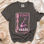 Dark grey t-shirt with "Maid of Honor Chaos I'm Just Here for Champagne" graphic.