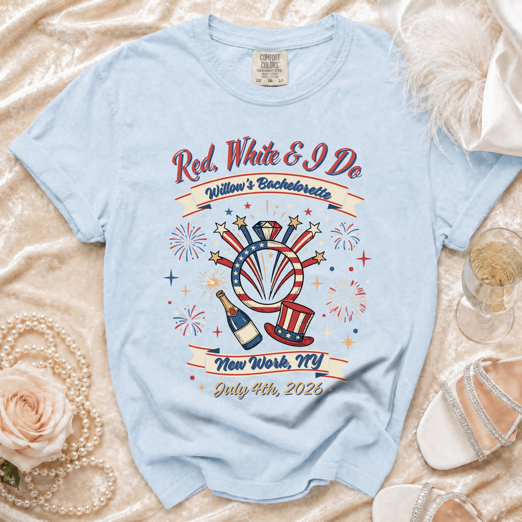 Bachelorette t-shirt with "Red, White & I Do" and firework graphic.