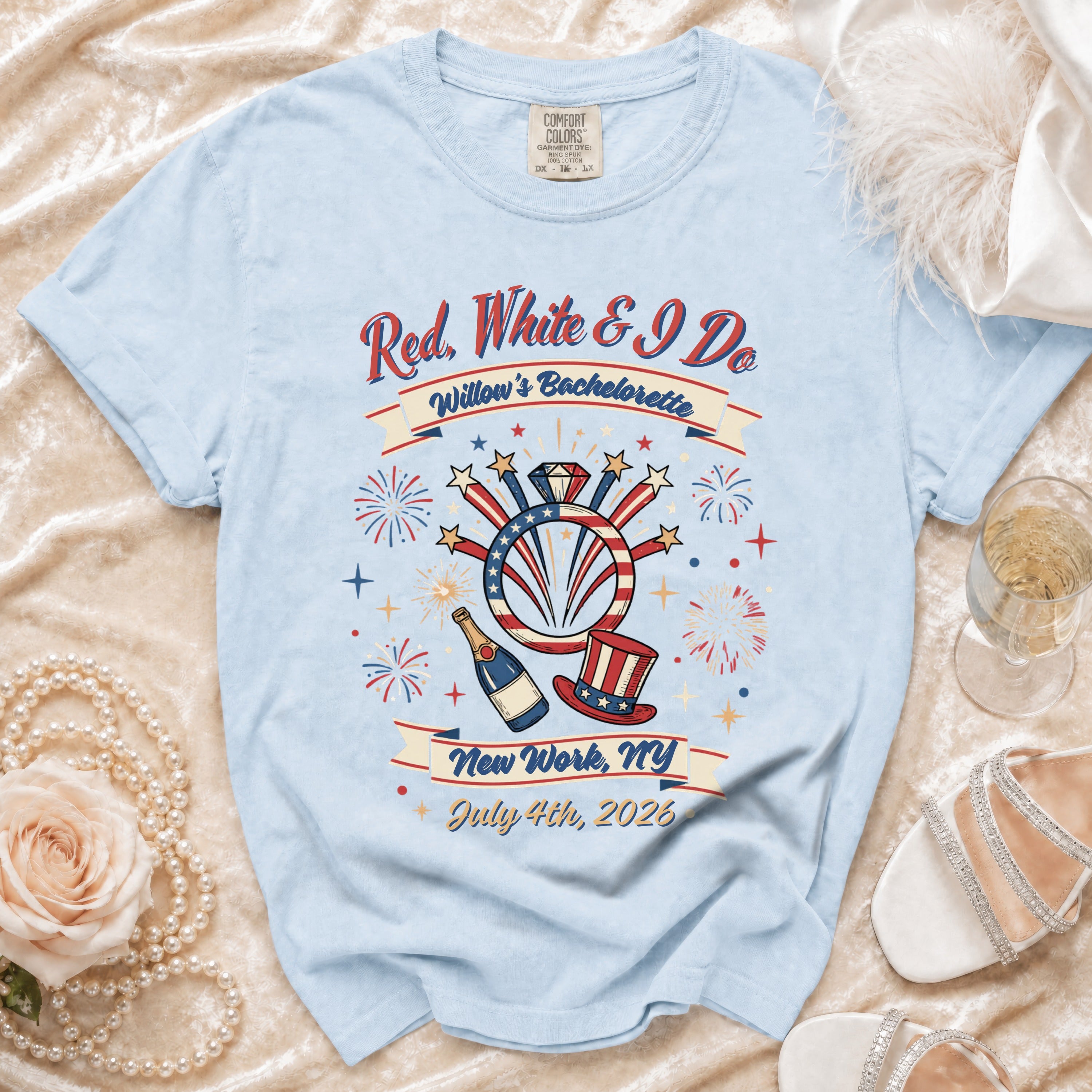 Bachelorette t-shirt with "Red, White & I Do" and firework graphic.
