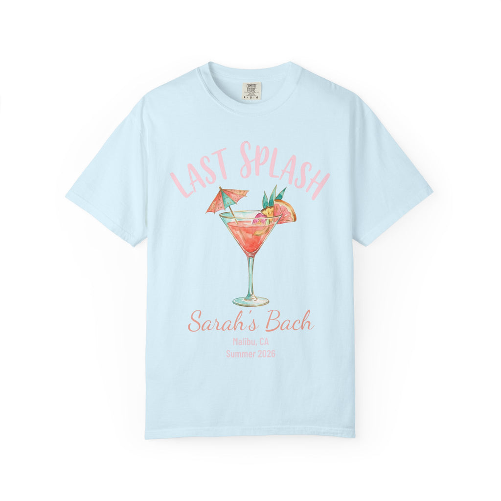 Light blue t-shirt with "Last Splash" cocktail graphic and event details.