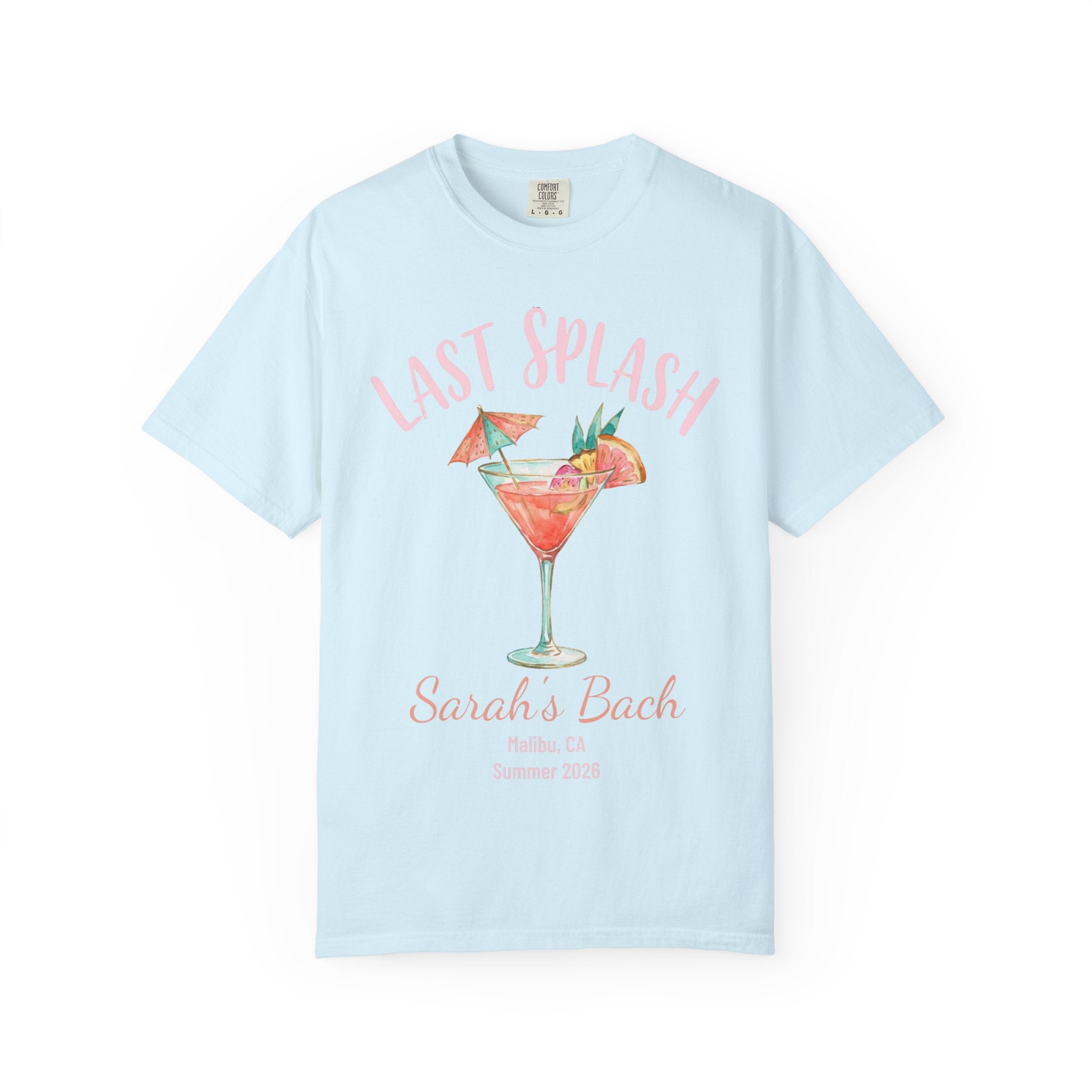 Light blue t-shirt with "Last Splash" cocktail graphic and event details.