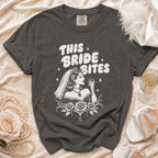 Dark grey t-shirt with "This Bride Bites" graphic of a vampire bride with roses.