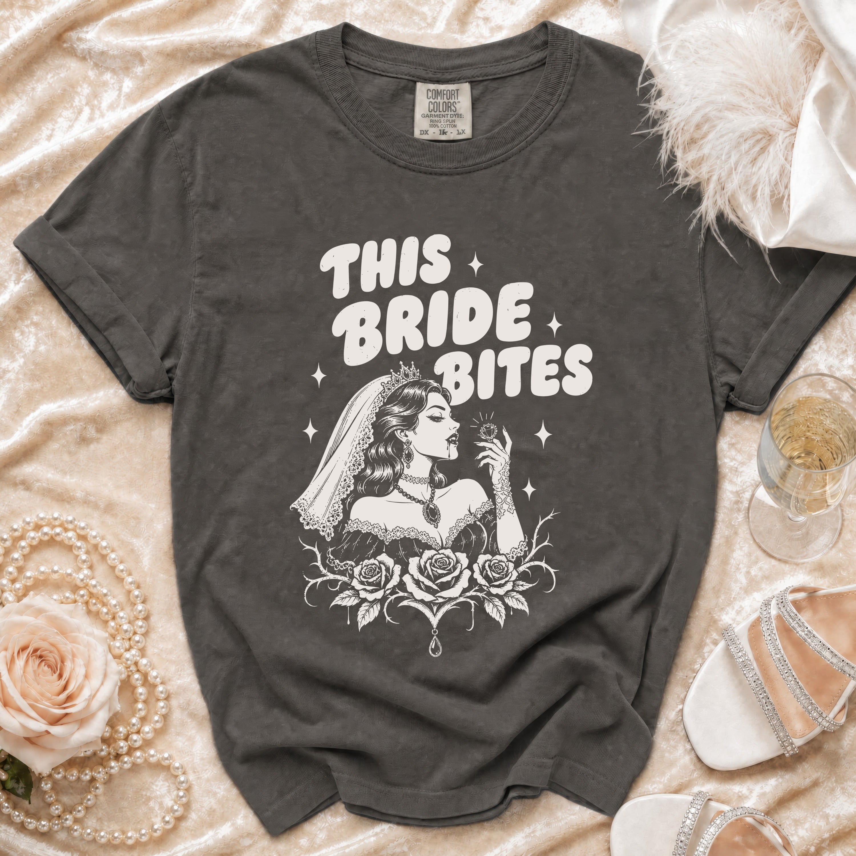 Dark grey t-shirt with "This Bride Bites" graphic of a vampire bride with roses.