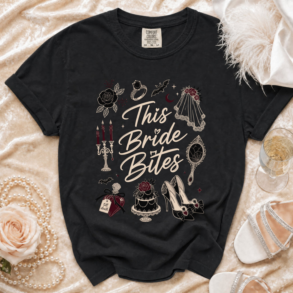 Black t-shirt with "This Bride Bites" and gothic wedding graphics.