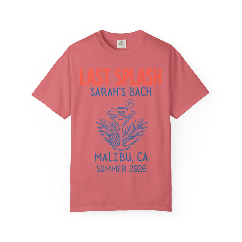 Coral t-shirt with "Sarah's Bach Malibu, CA Summer 2026" and flamingo cocktail.