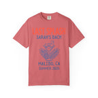 Coral t-shirt with "Sarah's Bach Malibu, CA Summer 2026" and flamingo cocktail.