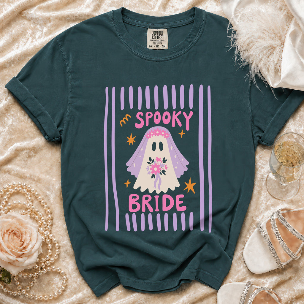 Dark green t-shirt with "Spooky Bride" graphic of a ghost in a veil and flowers.
