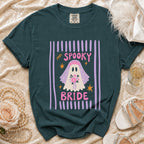 Dark green t-shirt with "Spooky Bride" graphic of a ghost in a veil and flowers.