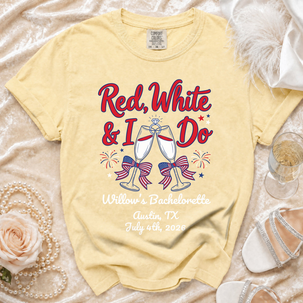 Yellow t-shirt with "Red, White & I Do" and bachelorette details.