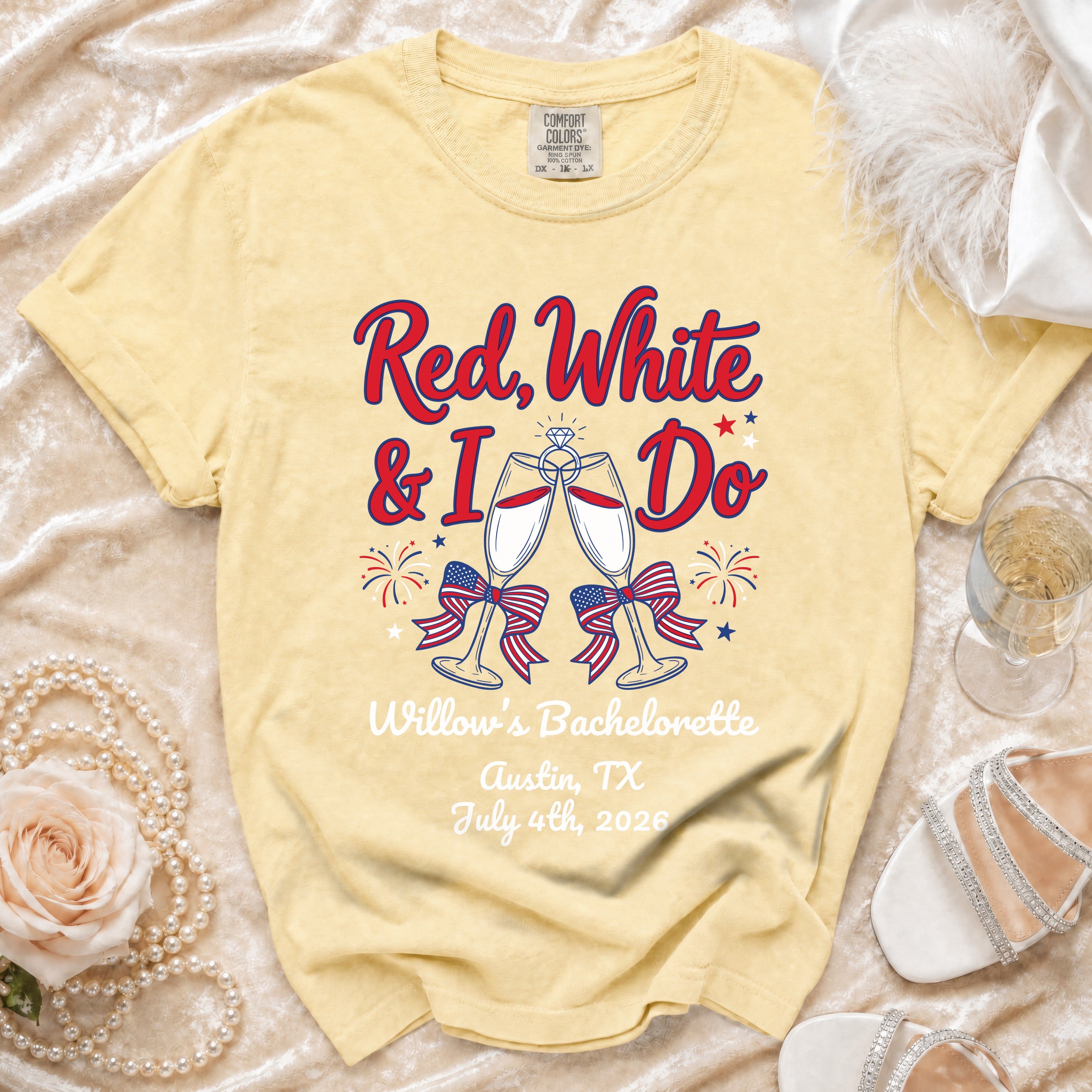 Yellow t-shirt with "Red, White & I Do" and bachelorette details.