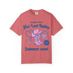 Coral t-shirt for "Jennifer's Bach - Her Last Rodeo" with cowboy boots and hat.