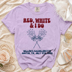 Purple t-shirt with "RED, WHITE & I DO" and bachelorette details.