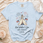 Light blue t-shirt with "Red, White & I Do" bachelorette graphic.