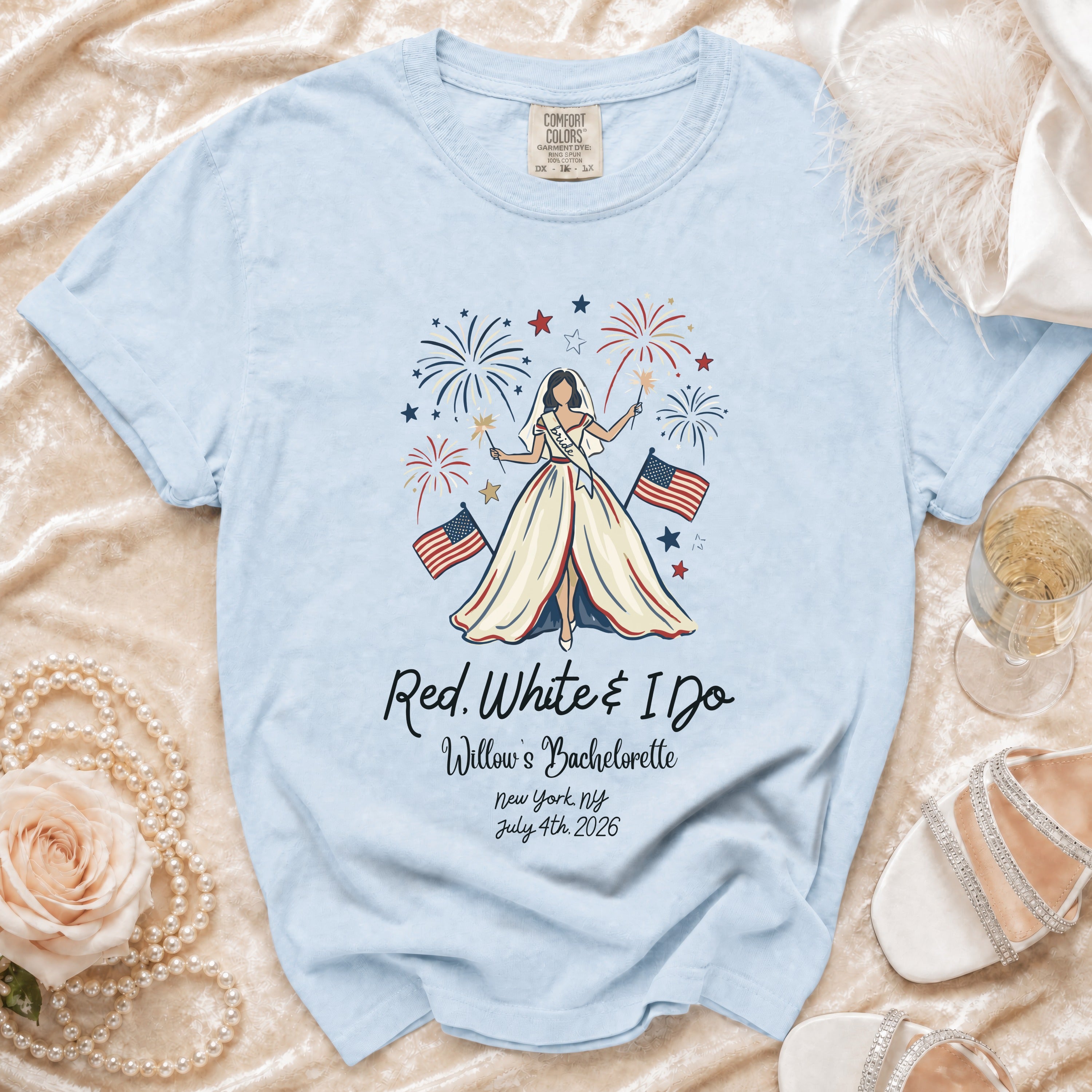 Light blue t-shirt with "Red, White & I Do" bachelorette graphic.
