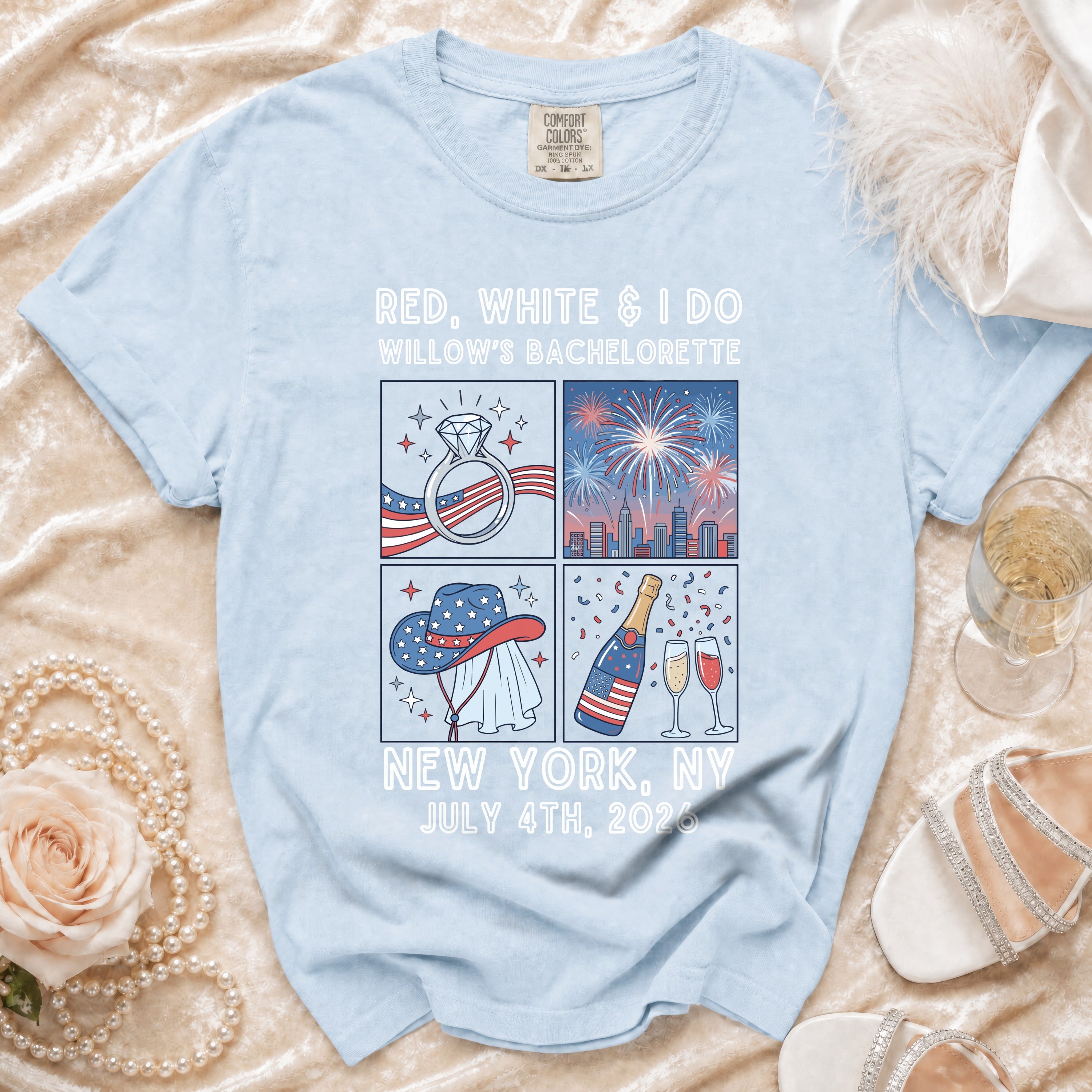 Light blue t-shirt for Willow's Bachelorette NYC July 4th, 2026.