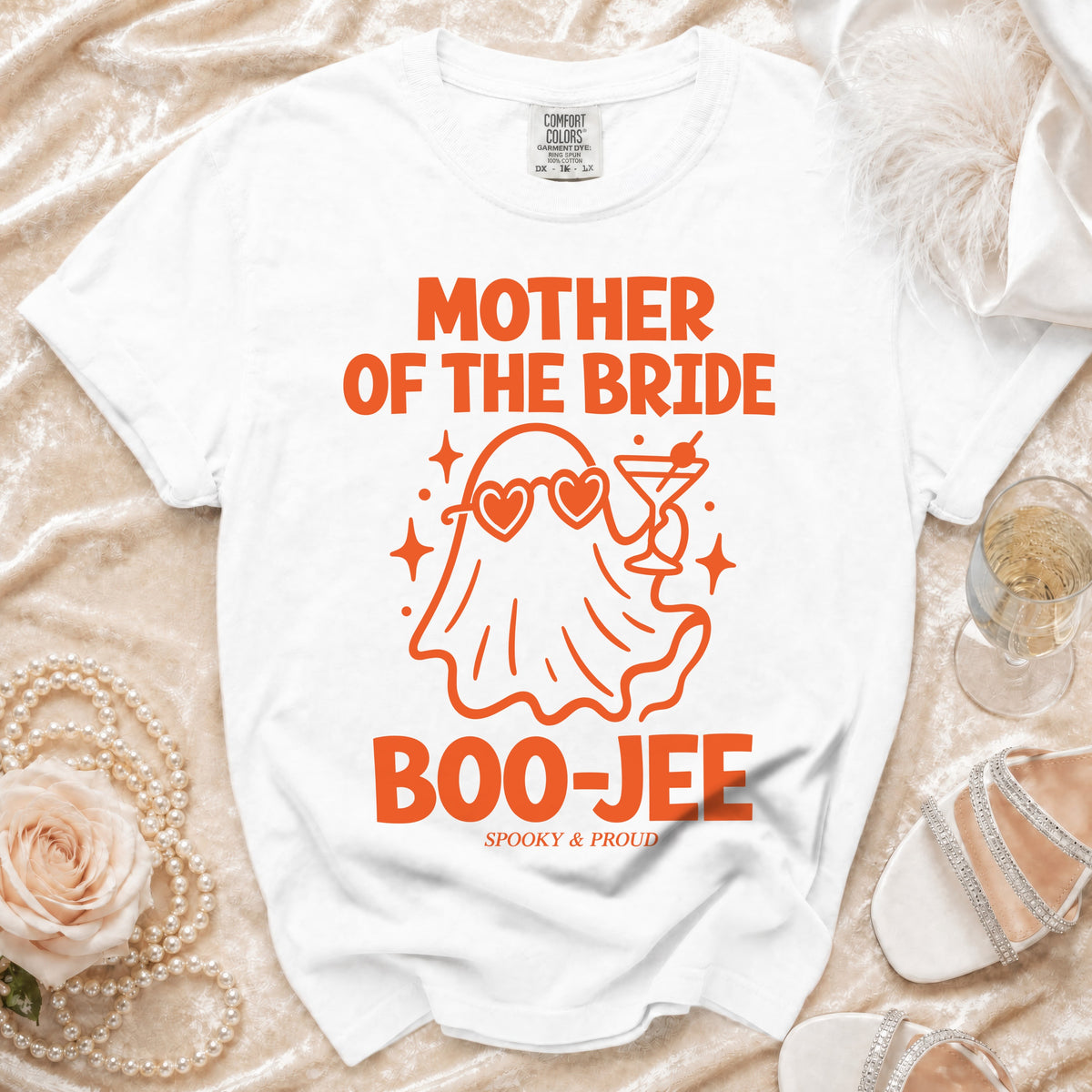 White t-shirt with orange "Mother of the Bride Boo-Jee" graphic and ghost.