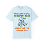 Light blue t-shirt with "Her Last Rodeo Jennifer's Bach Nashville, TN Summer 2026" and cowboy boots.