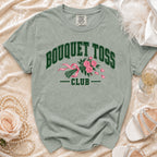 T-shirt with "BOUQUET TOSS CLUB" text and pink roses graphic.