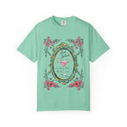 Mint green t-shirt with "Last Splash" and floral frame graphic.