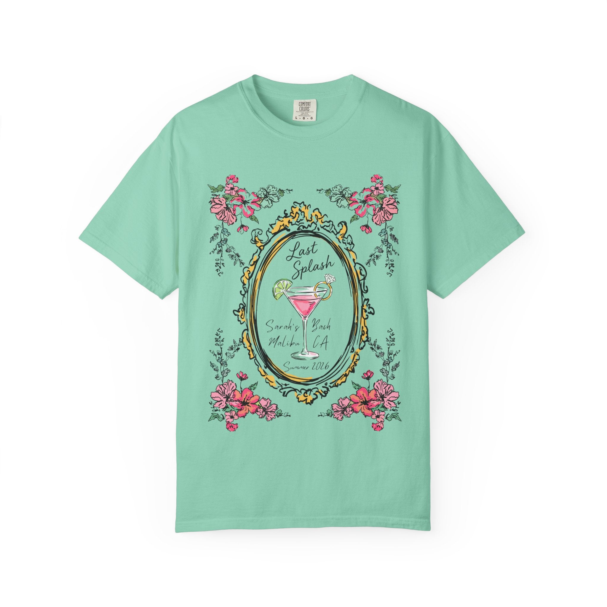 Mint green t-shirt with "Last Splash" and floral frame graphic.