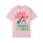 Pink t-shirt with "Last Splash Sarah's Bach" and champagne toast graphic.